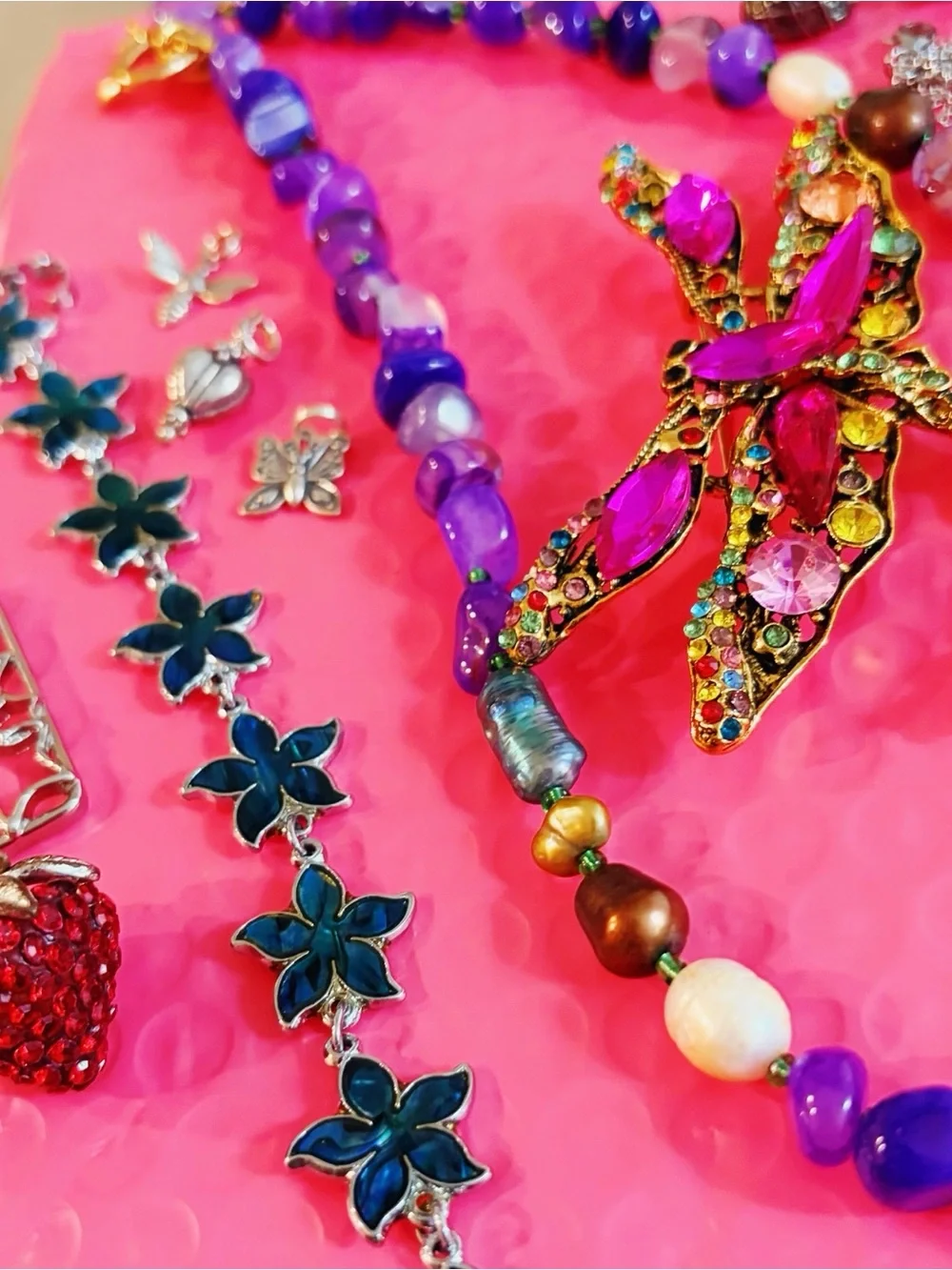 Vibrant Purple Beaded and Pearl with Pink Crystal Dragonfly Brooch